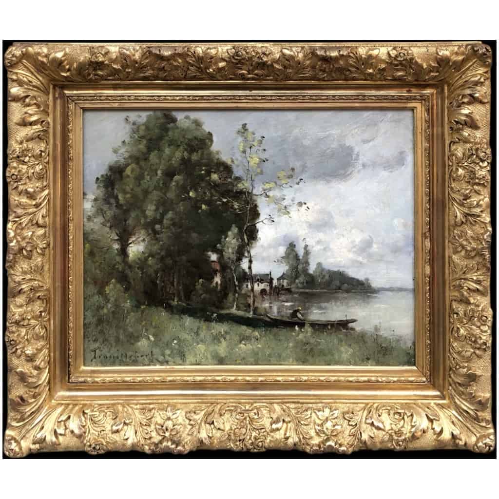 TROUILLEBERT Tableau Français 19è Barbizon Pêcheur En Barque Huile Signée Catalogue Raisonné 3