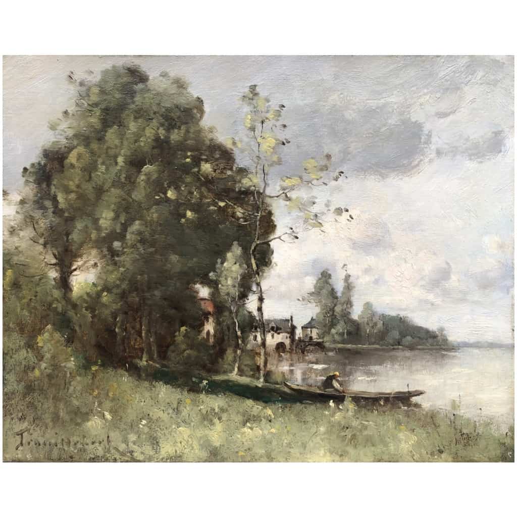 TROUILLEBERT Tableau Français 19è Barbizon Pêcheur En Barque Huile Signée Catalogue Raisonné 10