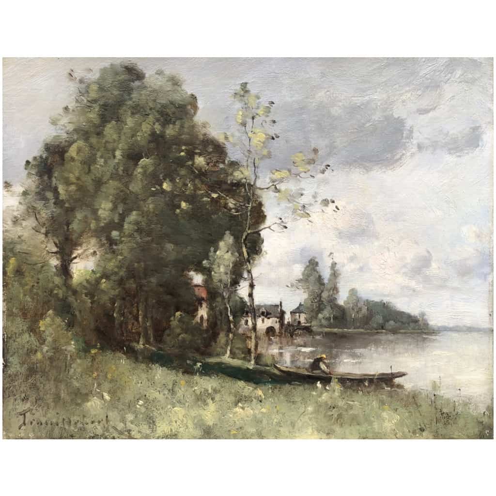 TROUILLEBERT Tableau Français 19è Barbizon Pêcheur En Barque Huile Signée Catalogue Raisonné 5