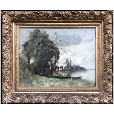 TROUILLEBERT Paul Desire Tableau Français 19è Ecole de Barbizon Pêcheur en barque avec un moulin au fond Huile Signée Catalogue raisonné