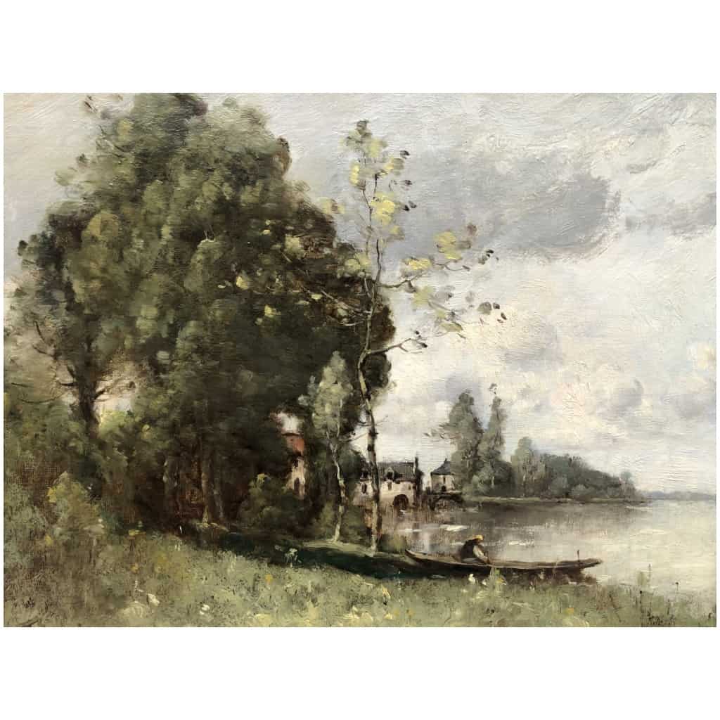 TROUILLEBERT Tableau Français 19è Barbizon Pêcheur En Barque Huile Signée Catalogue Raisonné 11