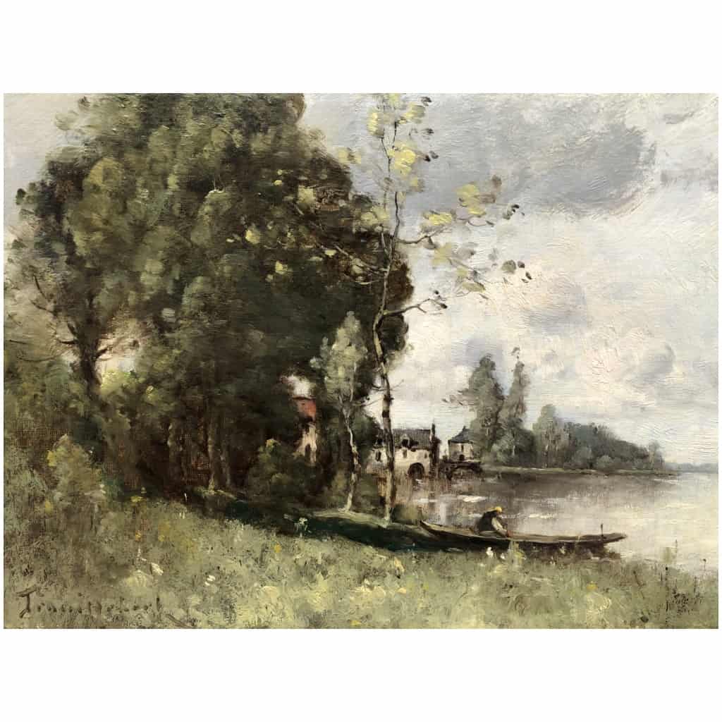 TROUILLEBERT Tableau Français 19è Barbizon Pêcheur En Barque Huile Signée Catalogue Raisonné 12