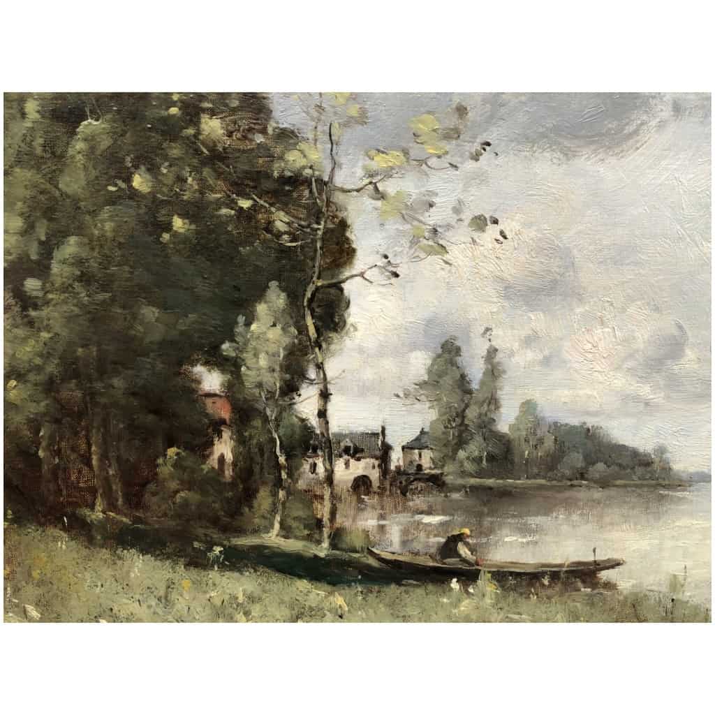 TROUILLEBERT Tableau Français 19è Barbizon Pêcheur En Barque Huile Signée Catalogue Raisonné 13