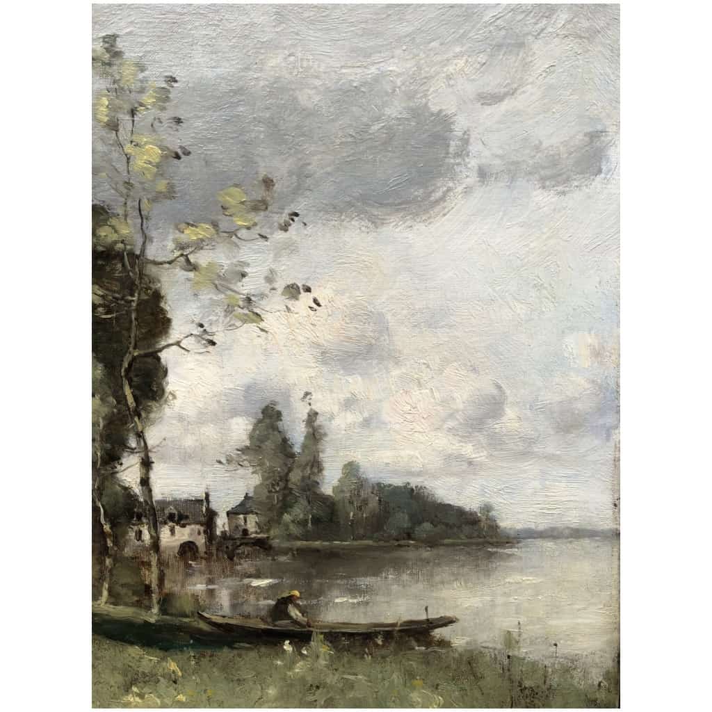 TROUILLEBERT Tableau Français 19è Barbizon Pêcheur En Barque Huile Signée Catalogue Raisonné 14