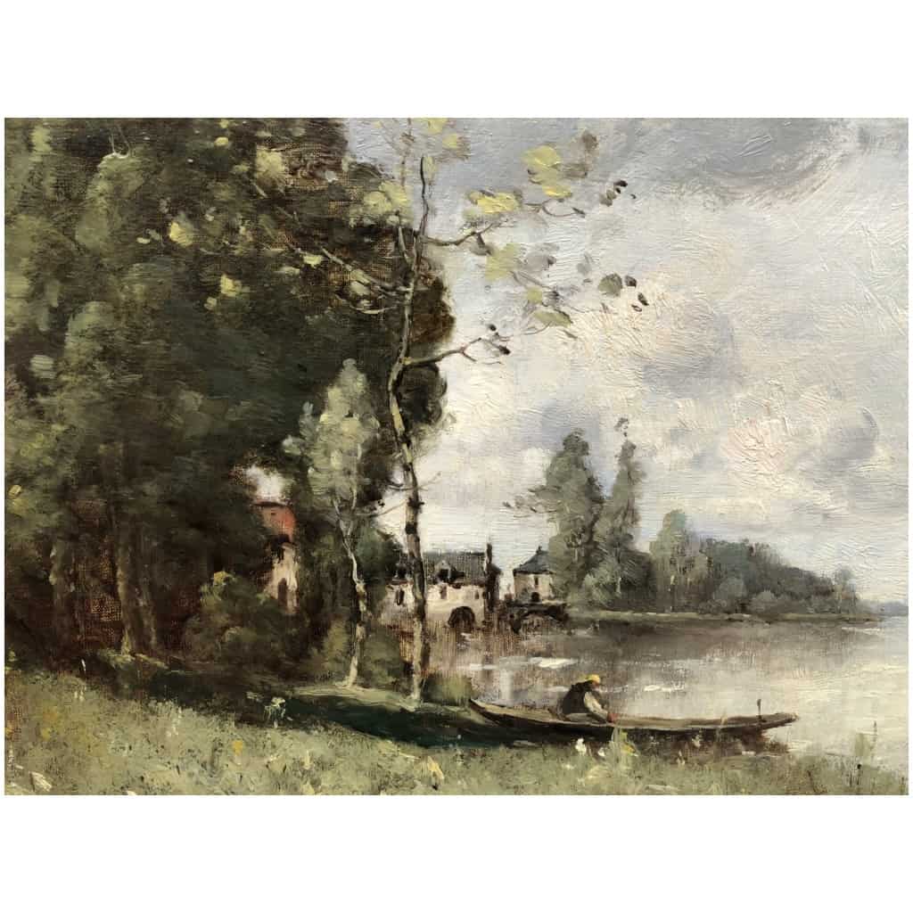 TROUILLEBERT Tableau Français 19è Barbizon Pêcheur En Barque Huile Signée Catalogue Raisonné 15