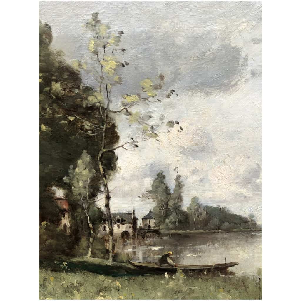 TROUILLEBERT Tableau Français 19è Barbizon Pêcheur En Barque Huile Signée Catalogue Raisonné 9