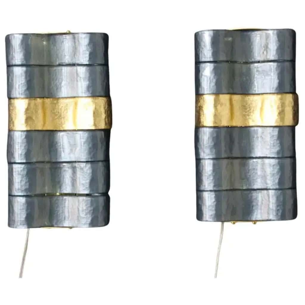 Pair of modern wall lights in blue, gray and gold Murano glass 3