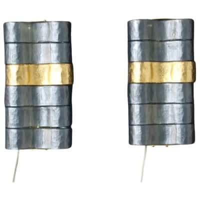 Pair of modern wall lights in blue, gray and gold Murano glass