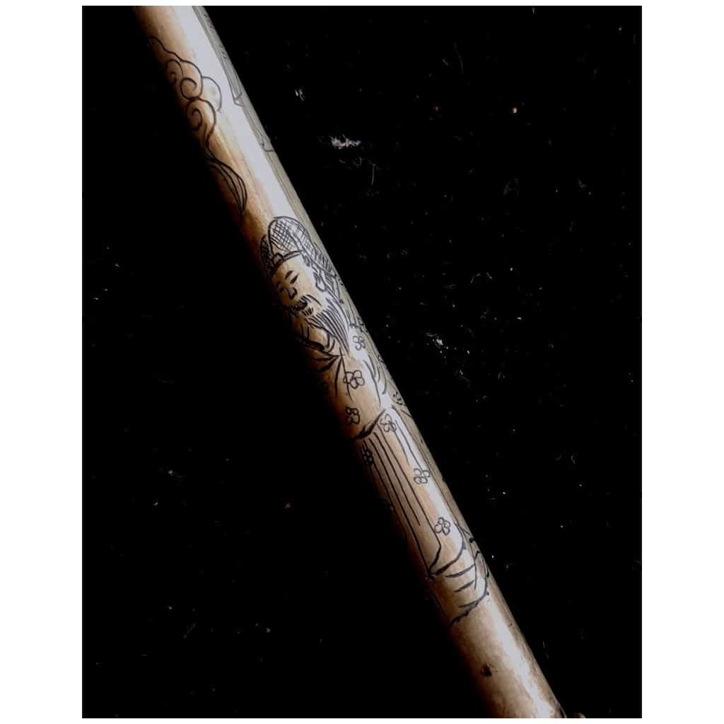Fine Woman's Fist Pipe, For Opium, Chiseled, Fine XIXth, metal and bamboo 11