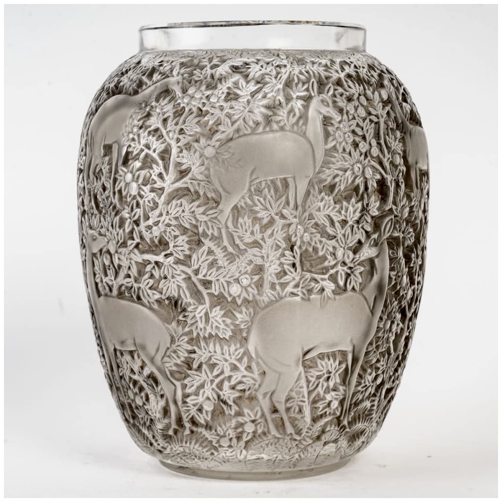 1932 René Lalique – Vase Biches Verre Blanc Patiné Gris 4