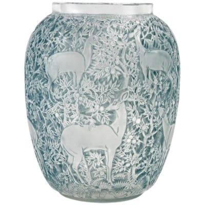 1932 René Lalique – Biches Vase White Glass With Blue Patina