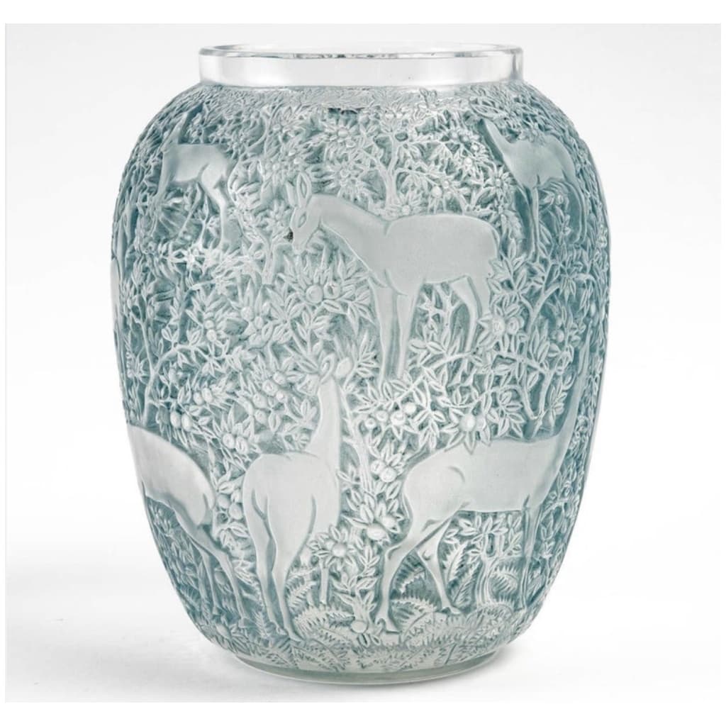 1932 René Lalique – Biches Vase White Glass Patinated Blue 5