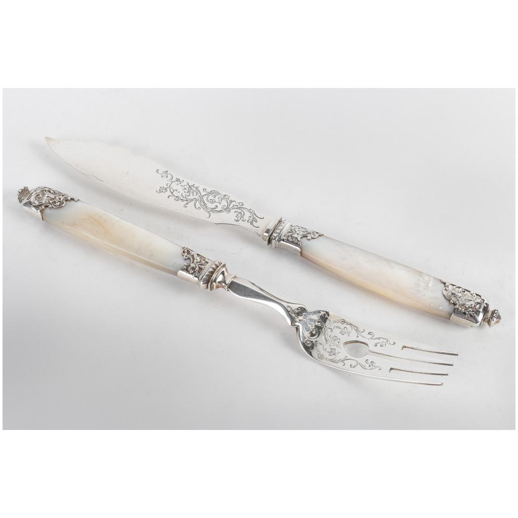GOLDsmith MERIT – 12 STERLING SILVER AND MOTHER-OF-PEARL FISH CUTLERY – XIXth 9