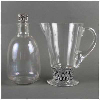 1926 René Lalique – Carafe Et Broc Pichet Saint Nabor Verre Blanc Emaillé Noir