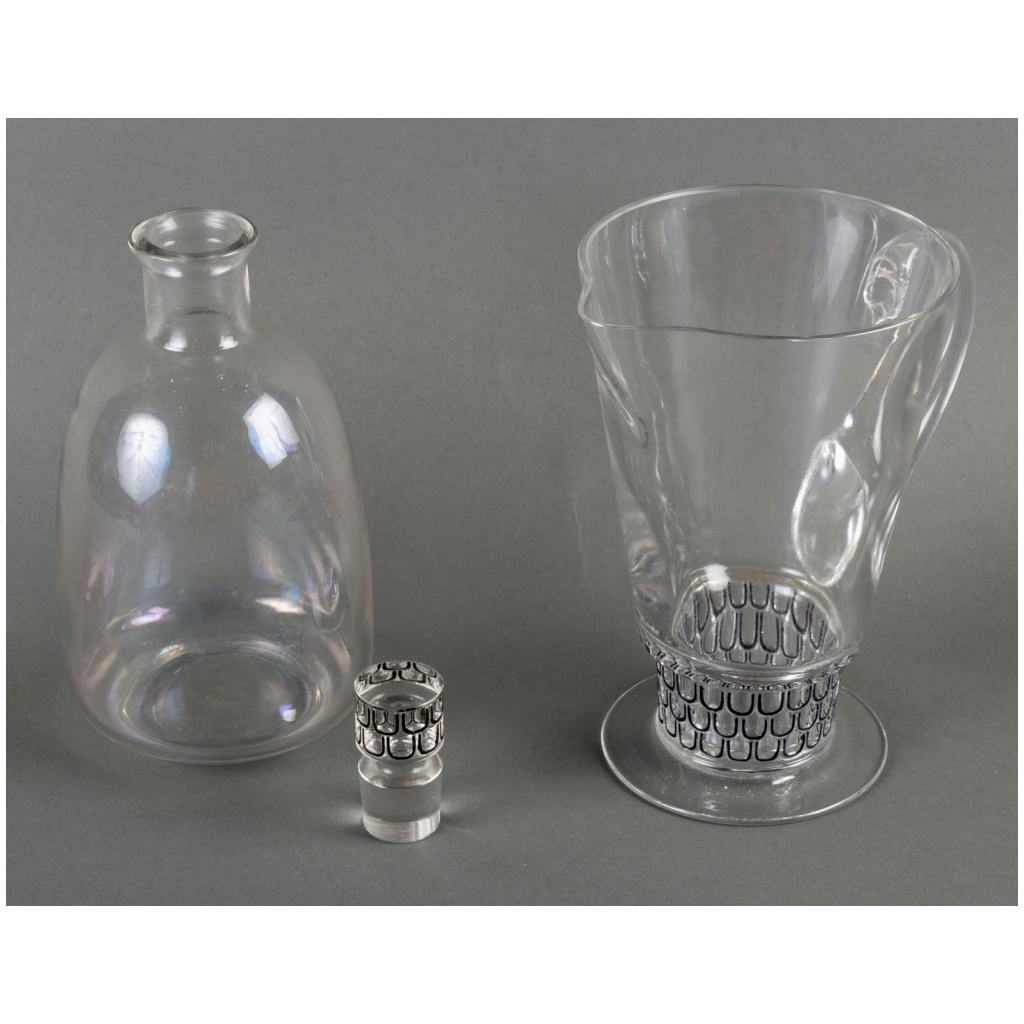 1926 René Lalique – Carafe Et Broc Pichet Saint Nabor Verre Blanc Emaillé Noir 4