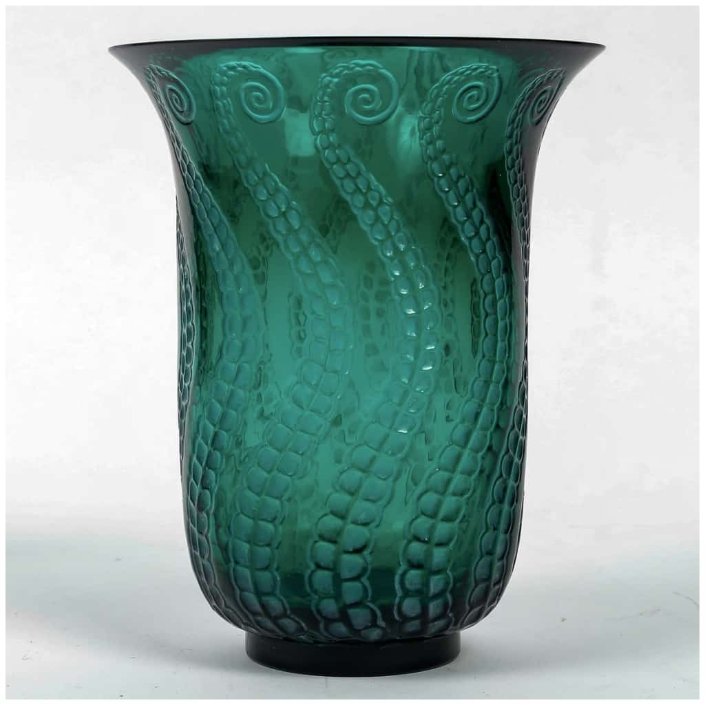 1921 René Lalique – Vase Méduse Verre Vert Emeraude Patiné Blanc 3