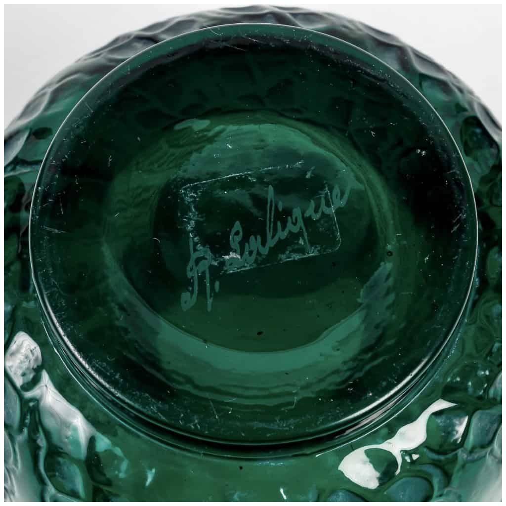 1921 René Lalique – Vase Méduse Verre Vert Emeraude Patiné Blanc 7