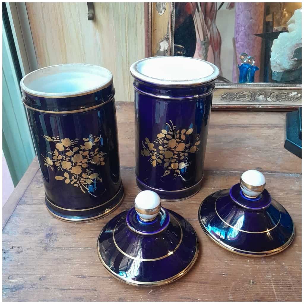 Pair Of Pharmacy Jars In Navy Blue Porcelain, Gilded With Fine Gold, Hand Painted 4