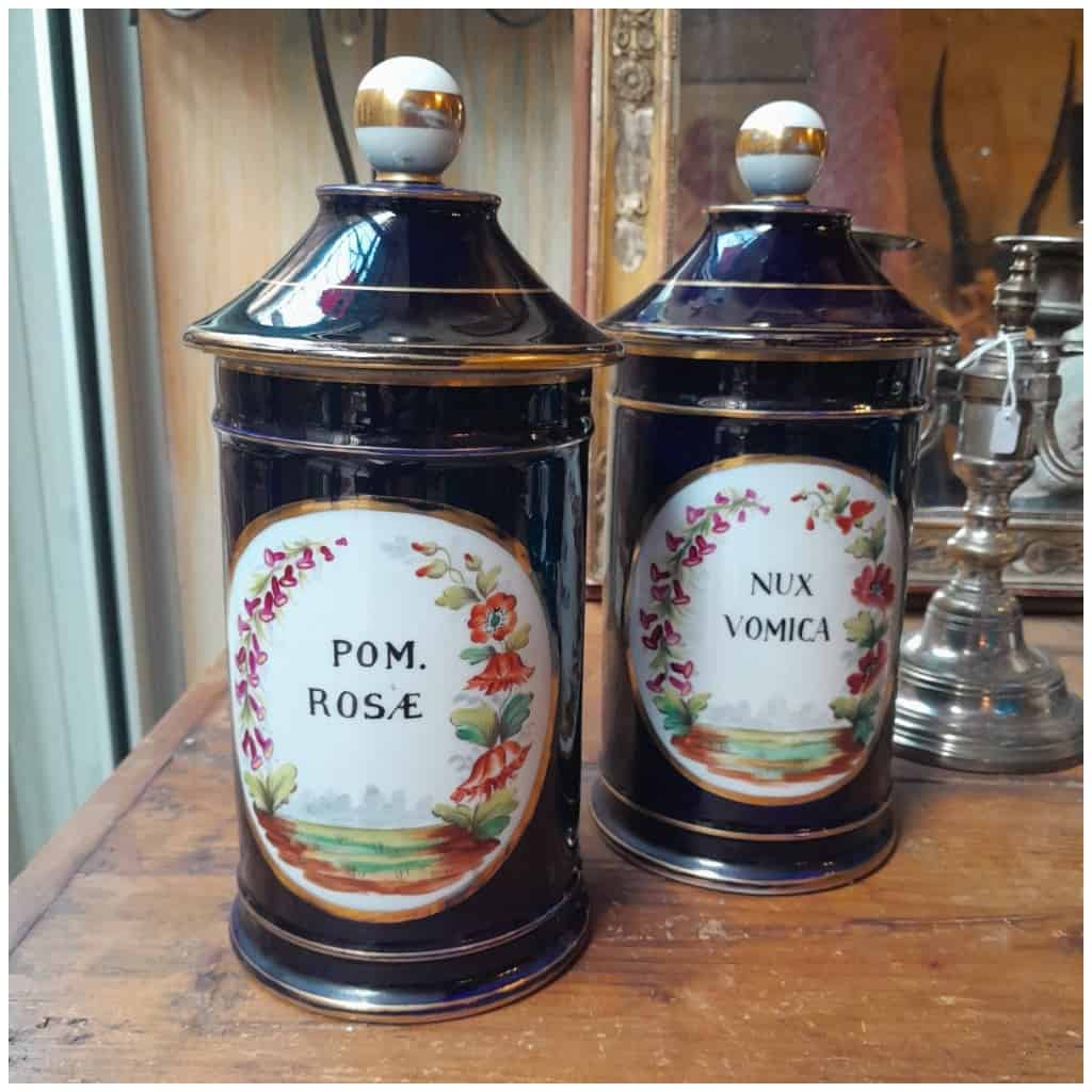 Pair Of Pharmacy Jars In Navy Blue Porcelain, Gilded With Fine Gold, Hand Painted 3