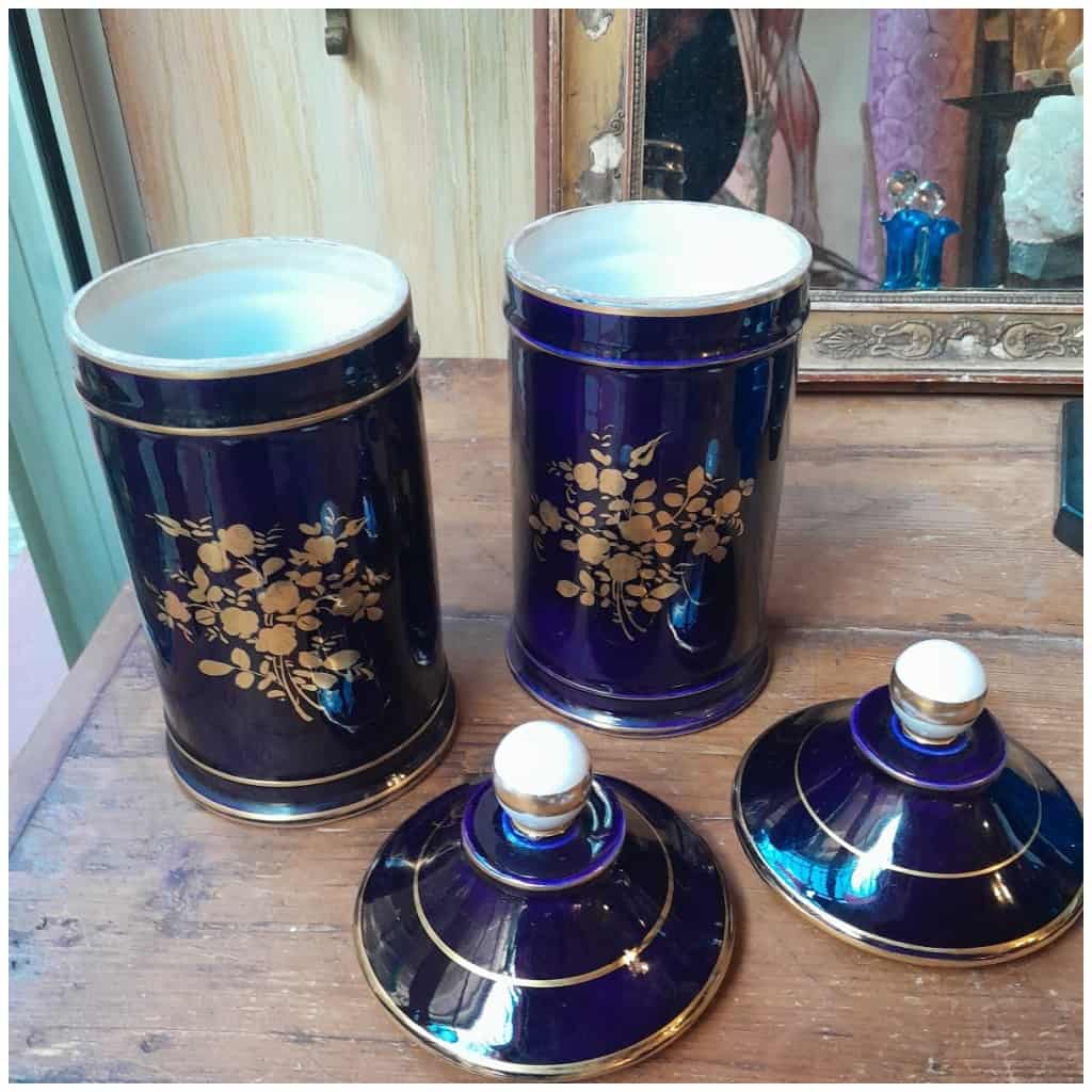 Pair Of Pharmacy Jars In Navy Blue Porcelain, Gilded With Fine Gold, Hand Painted 8