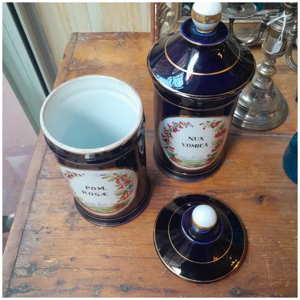 Pair Of Pharmacy Jars In Navy Blue Porcelain, Gilded With Fine Gold, Hand Painted 9