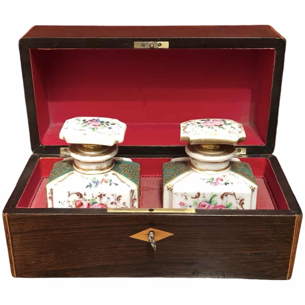 Tea box 19th century Louis Philippe period lemon rosewood two porcelain bottles 3