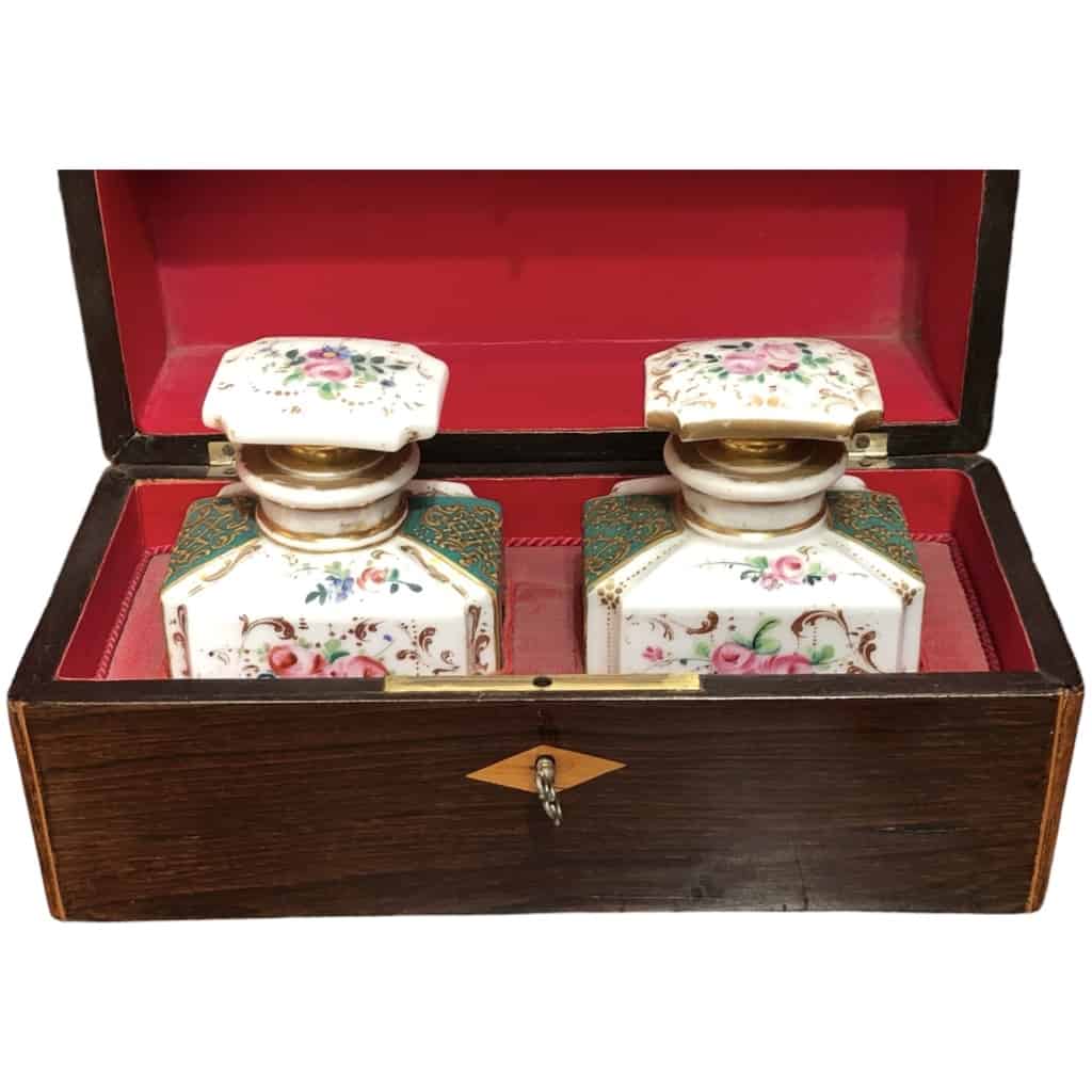 Tea box 19th century Louis Philippe period lemon rosewood two porcelain bottles 9