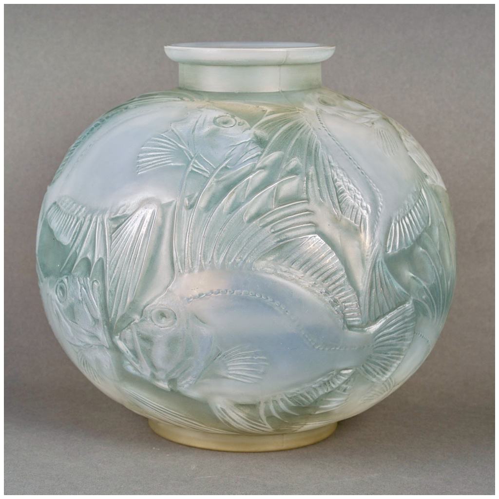 1921 René Lalique – Vase Poissons Verre Opalescent Patiné Bleu Vert 3