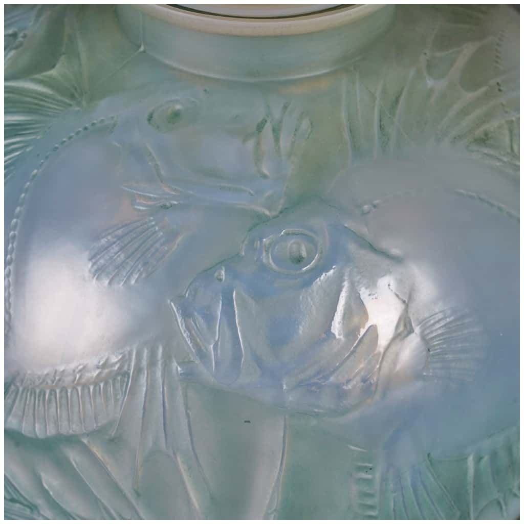1921 René Lalique – Vase Poissons Verre Opalescent Patiné Bleu Vert 6