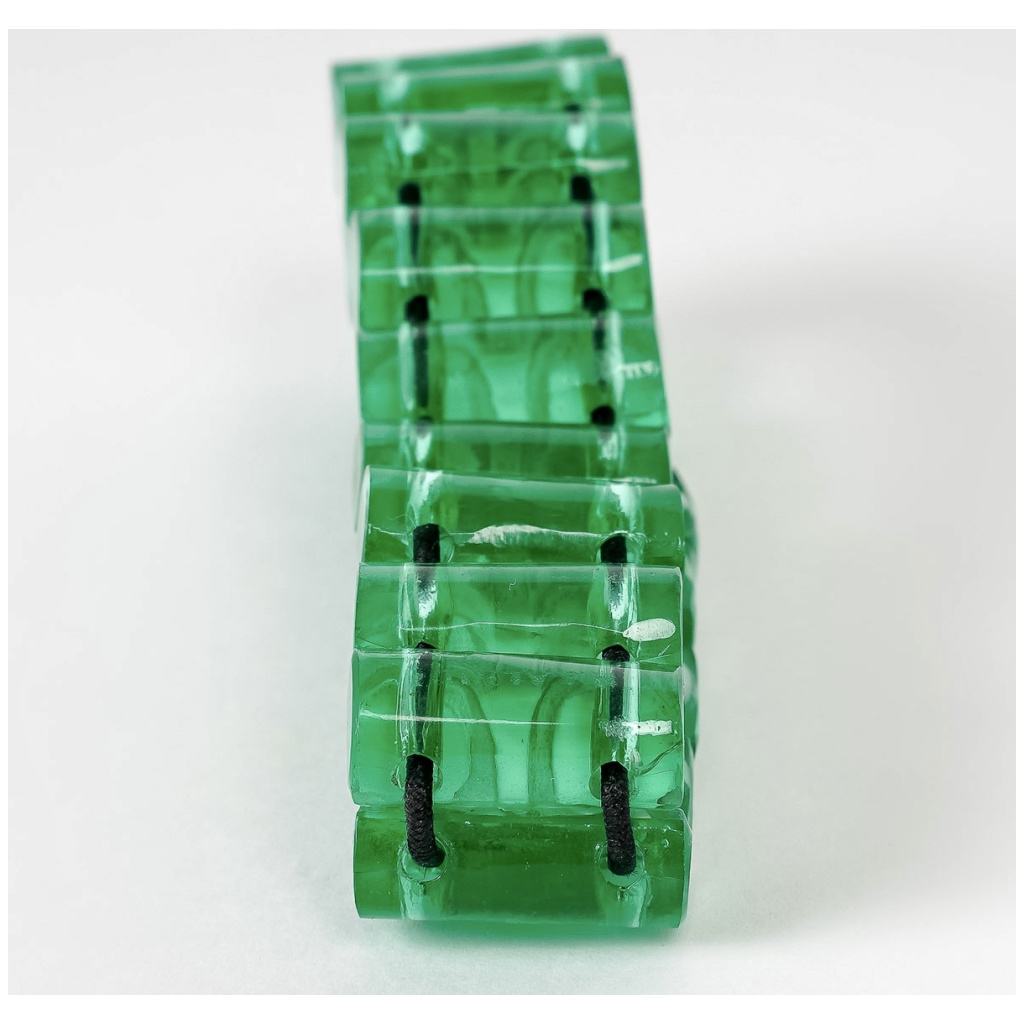 1928 René Lalique – Bracelet Muguet Verre Vert Emeraude Emaillé Blanc 8