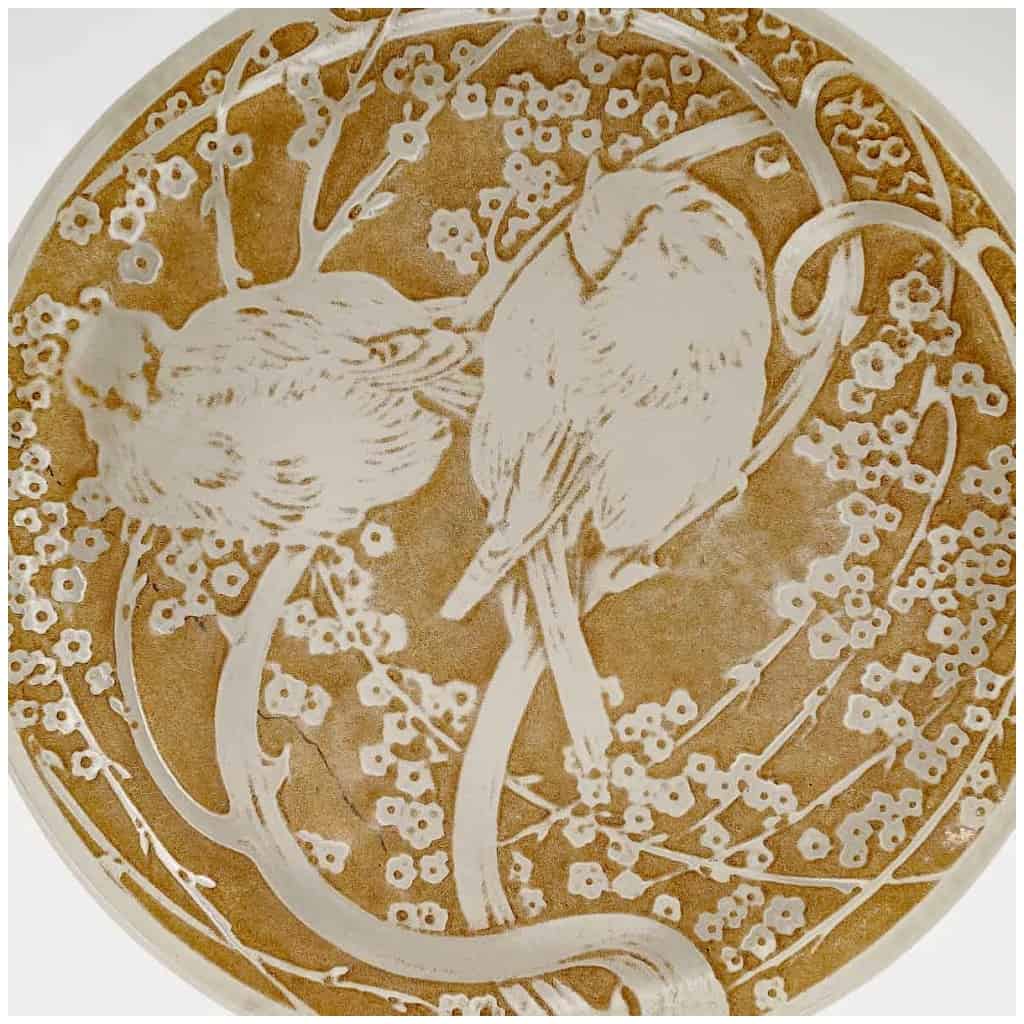 1919 René Lalique – Boîte Deux Oiseaux Verre Blanc Patiné Sépia 5