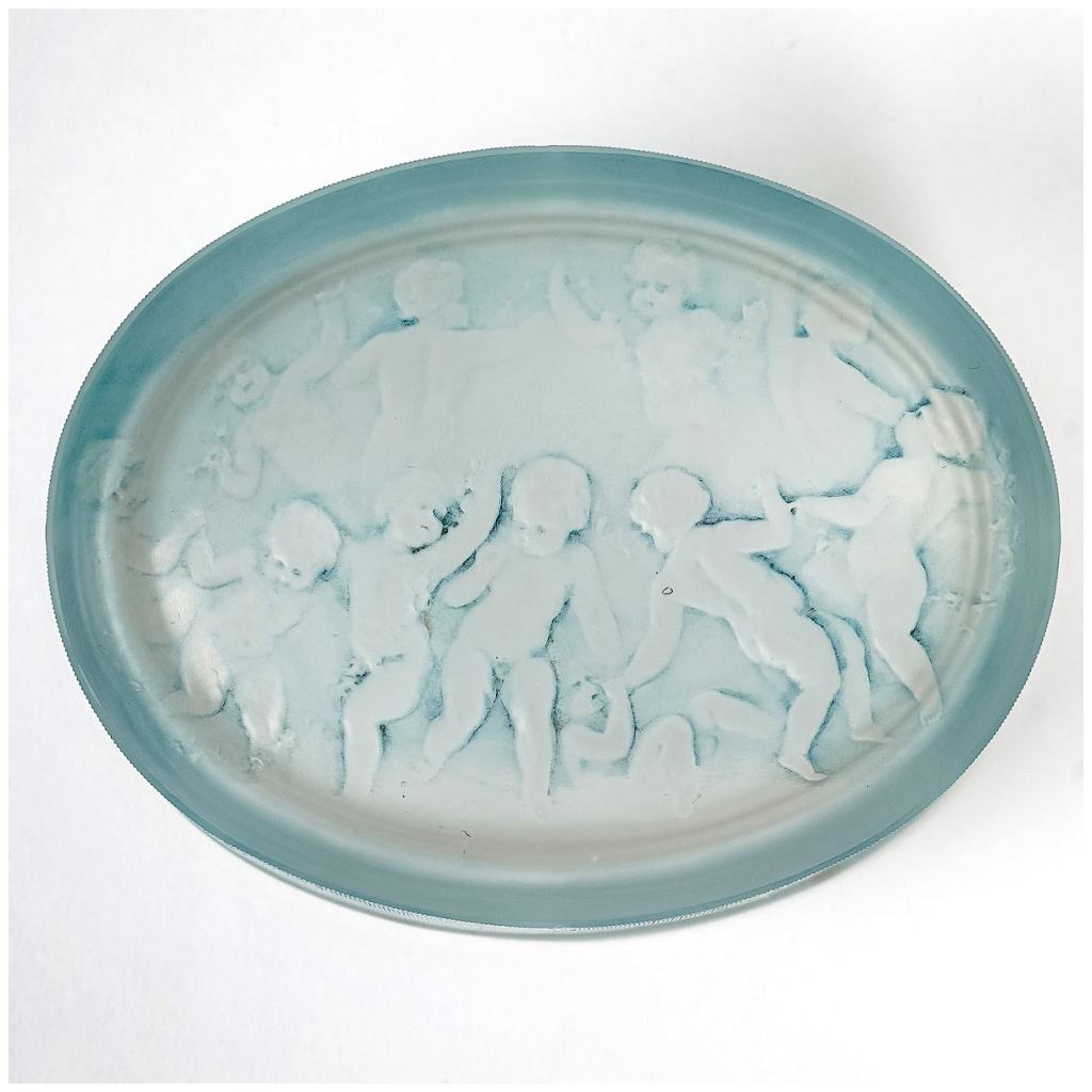 1919 René Lalique – Boîte Amours Verre Blanc Patiné Bleu 5