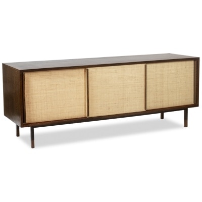 Sideboard in wenge, raffia and lacquered metal. 1970s.