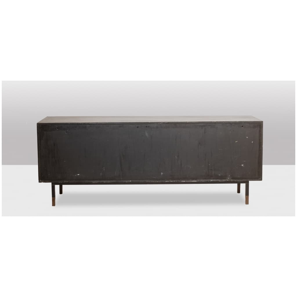 Sideboard in wenge, raffia and lacquered metal. 1970s. 15