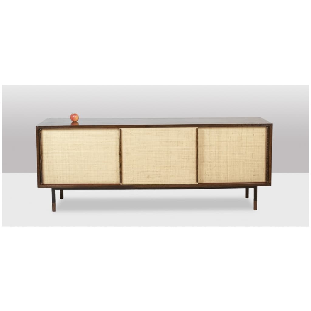 Sideboard in wenge, raffia and lacquered metal. 1970s. 14