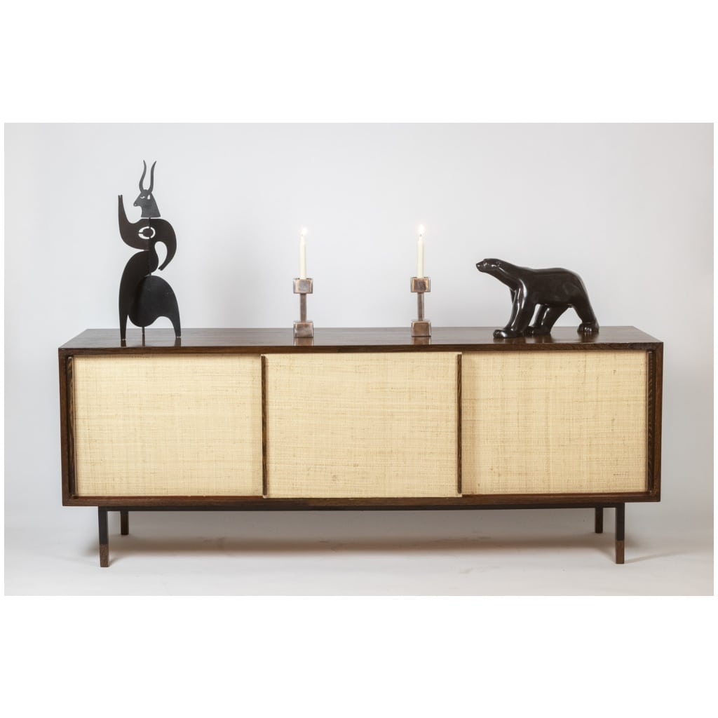 Sideboard in wenge, raffia and lacquered metal. 1970s. 11