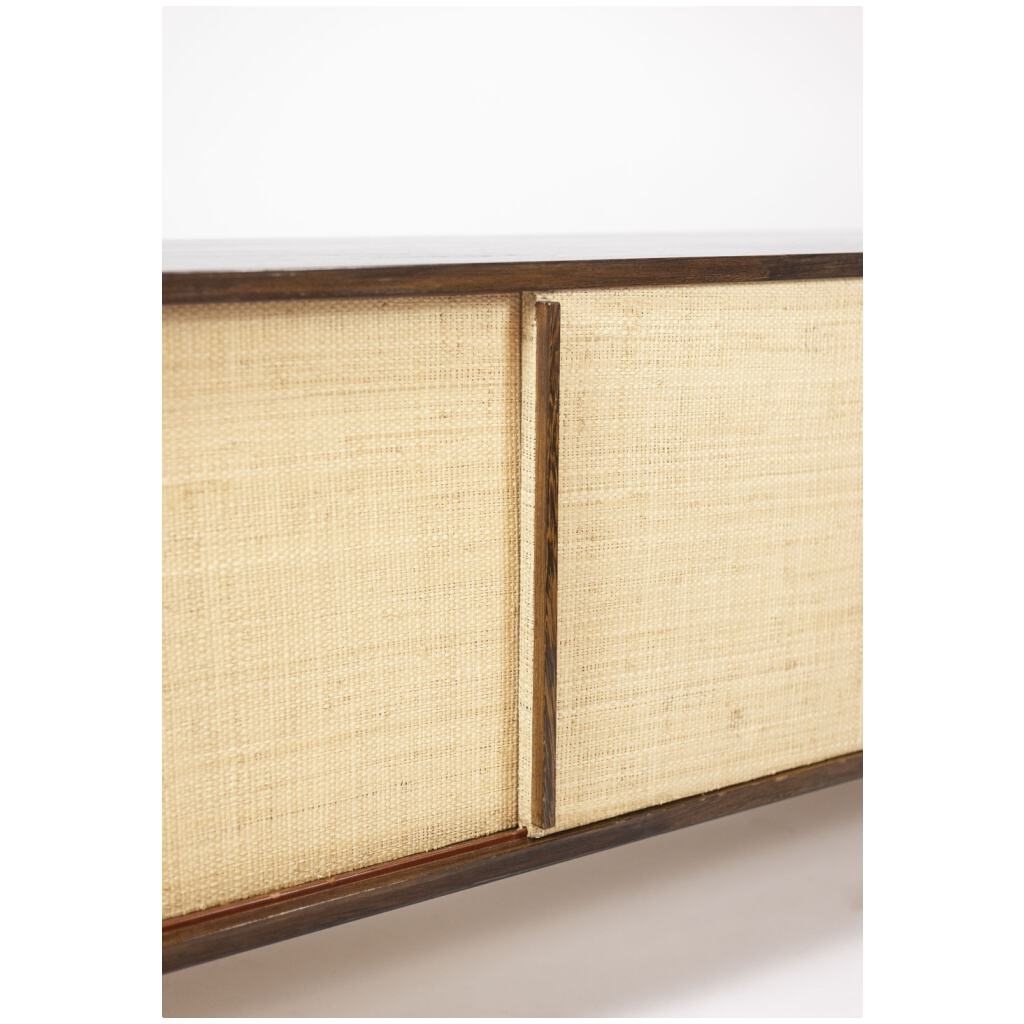 Sideboard in wenge, raffia and lacquered metal. 1970s. 8