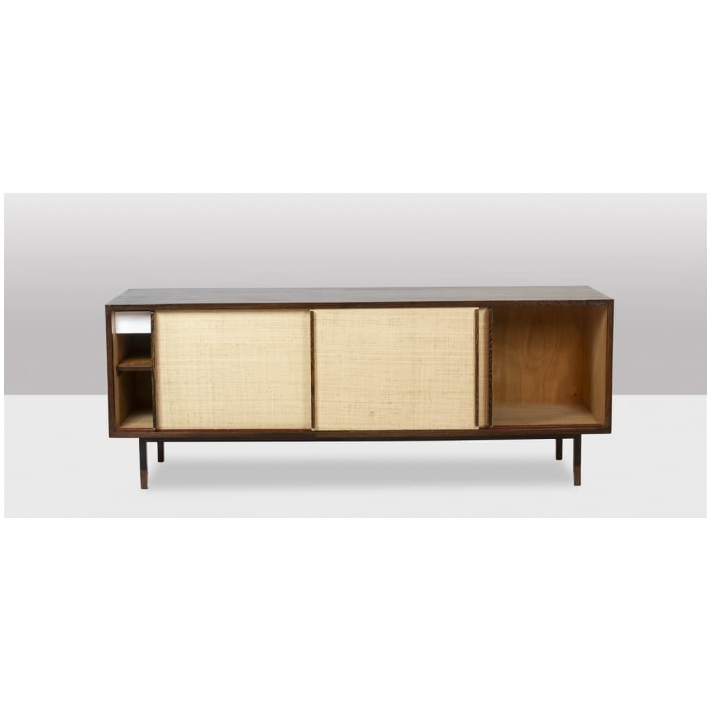 Sideboard in wenge, raffia and lacquered metal. 1970s. 6
