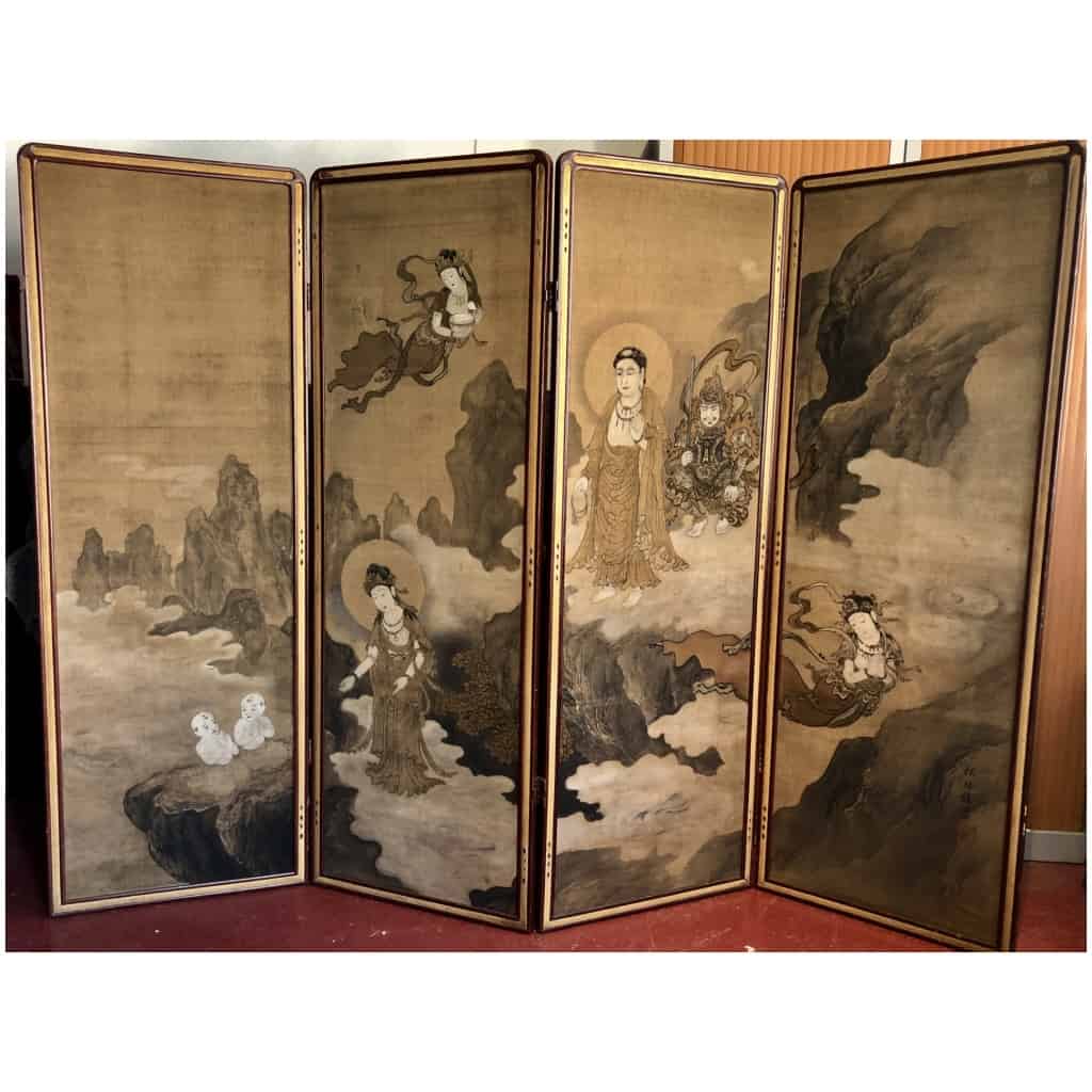 Japanese 4-panel screen on silk of Buddha And Boddhisattvas By Akihura 3