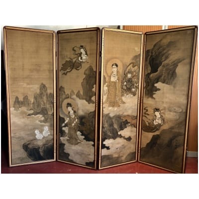 Japanese 4-panel screen on silk of Buddha And Boddhisattvas By Akihura