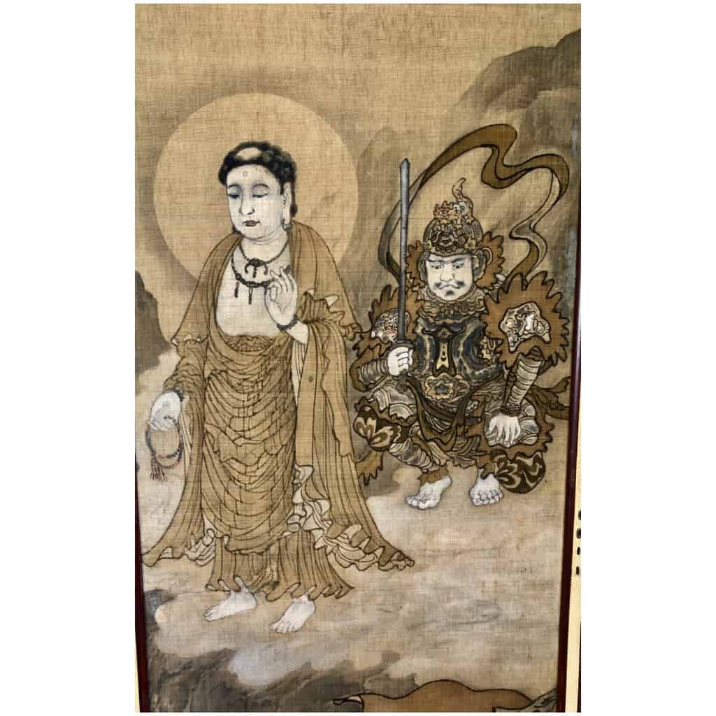Japanese 4-panel screen on silk of Buddha And Boddhisattvas By Akihura 4