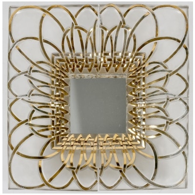 1950 Marc Lalique – Miroir « Entrelacs » Hollywood Regency cristal blanc émaillé doré