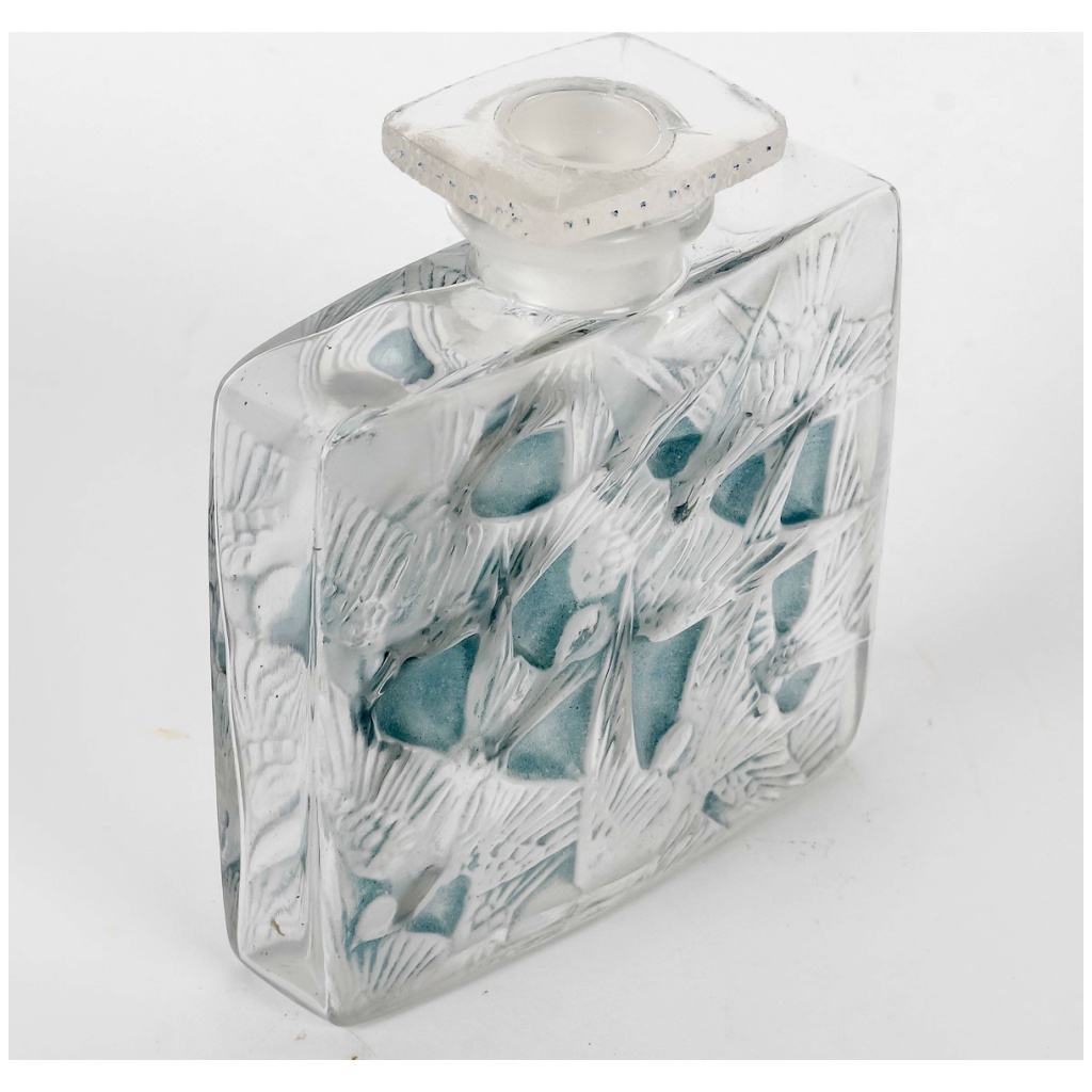 1920 René Lalique – Flat Square Bottle Swallows Blue Patinated White Glass 5