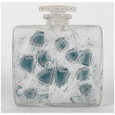 1920 René Lalique – Square Flat Bottle Swallows White Glass with Blue Patina