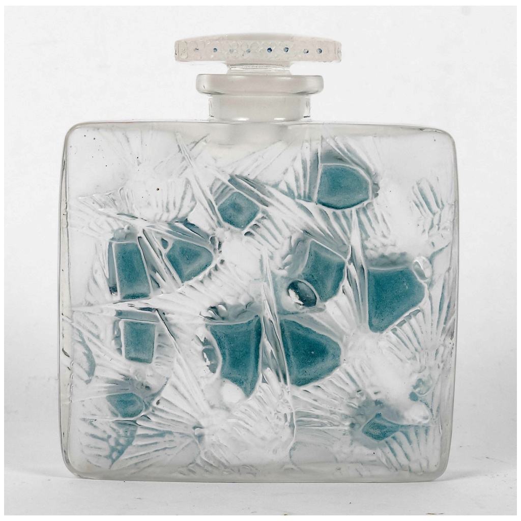 1920 René Lalique – Flat Square Bottle Swallows Blue Patinated White Glass 4