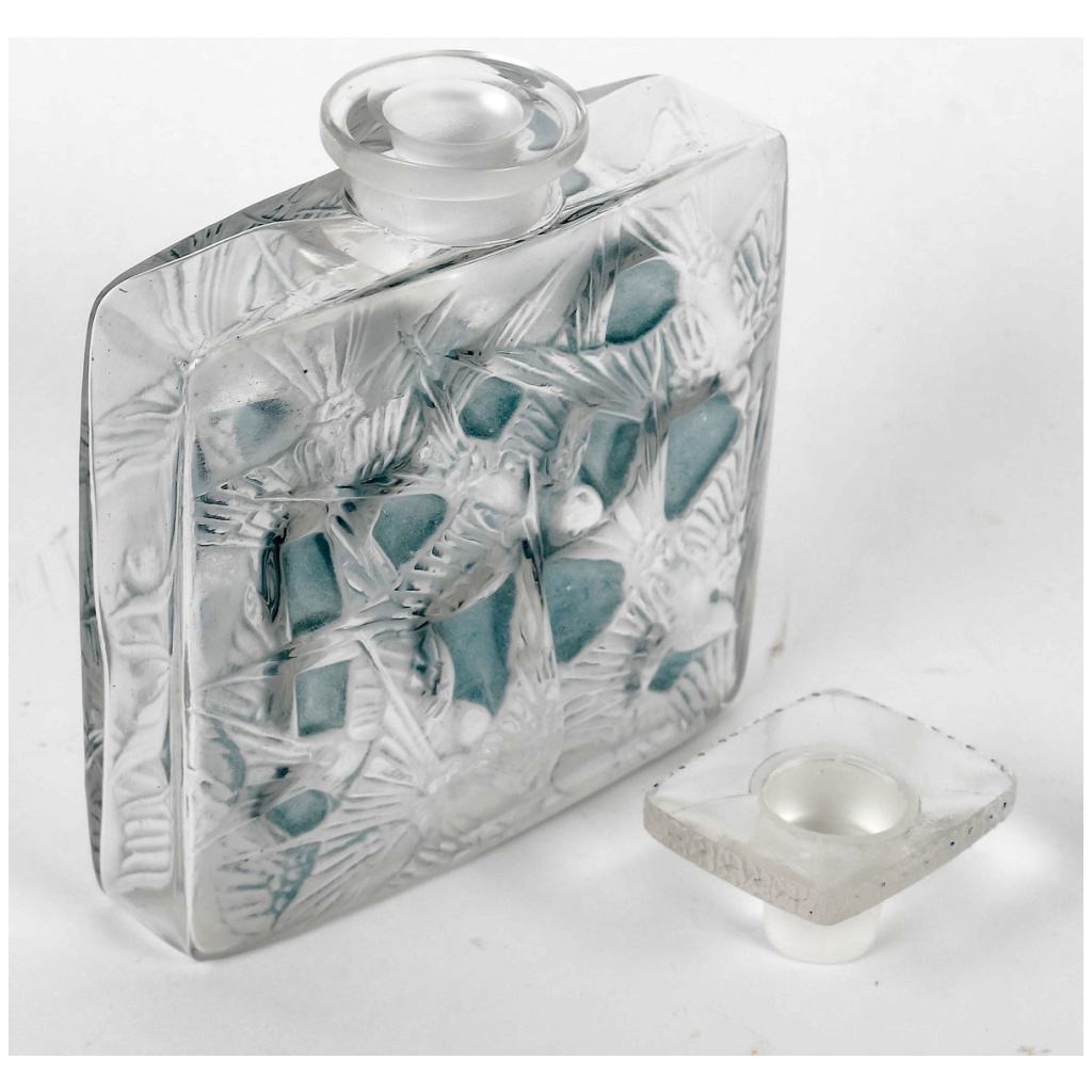 1920 René Lalique – Flat Square Bottle Swallows Blue Patinated White Glass 6