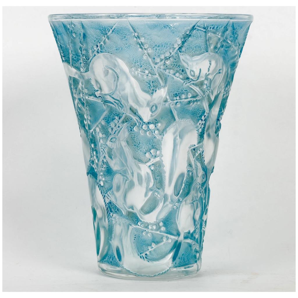 1934 René Lalique – Vase Sénart Verre Blanc Patiné Bleu Ecureuils 3