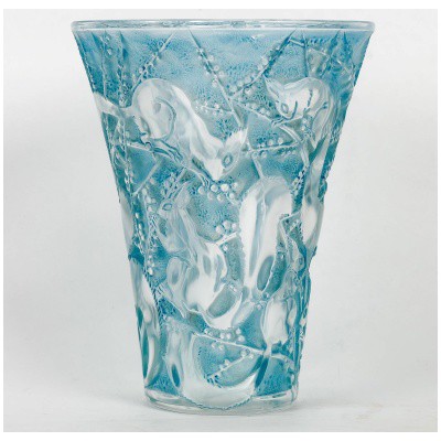 1934 René Lalique – Vase Sénart Verre Blanc Patiné Bleu Ecureuils
