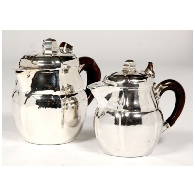 GOLDSMITH G.LECOMTE, SET OF 2 XNUMXth C. SILVER TEAPOTS