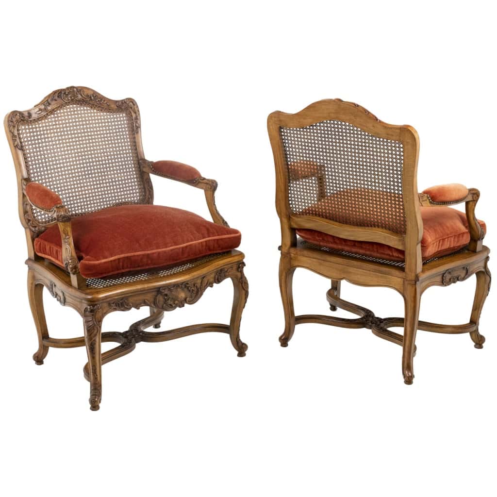 Jean Mocqué, Pair of Regency style cane armchairs, 3th century XNUMX